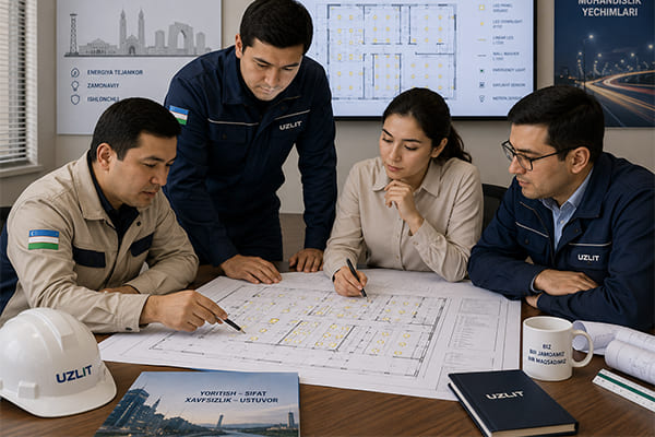 A team of engineers reviewing lighting plans